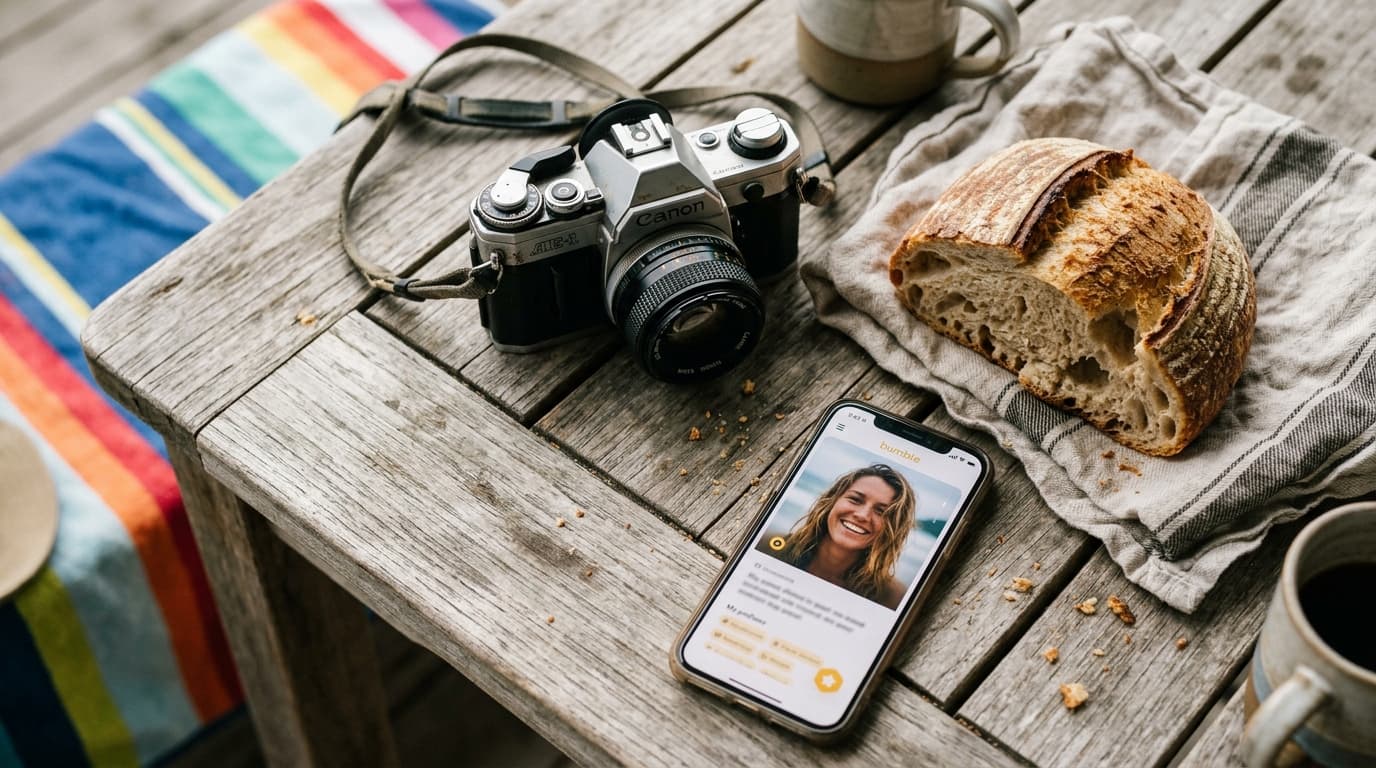 Overhead flat-lay on a weathered wooden patio table in a Santa Cruz surf shack. A vintage film camera, a half-eaten sourdo...