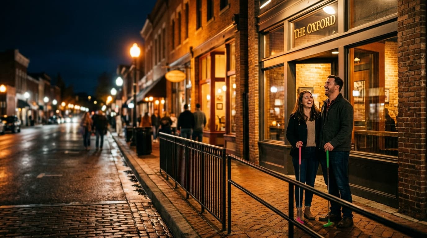 Wide-angle tilt-shift shot at night on Murphy Avenue. A couple stands outside The Oxford, bathed in warm tungsten light, l...