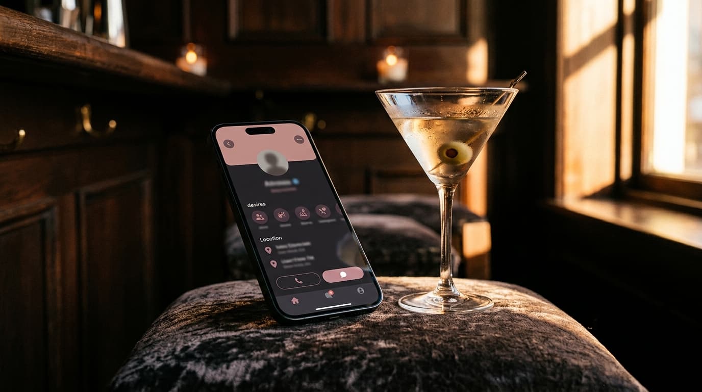 An 85mm macro shot of a sleek smartphone screen displaying a Feeld profile, resting on a dark velvet bar stool beside a si...