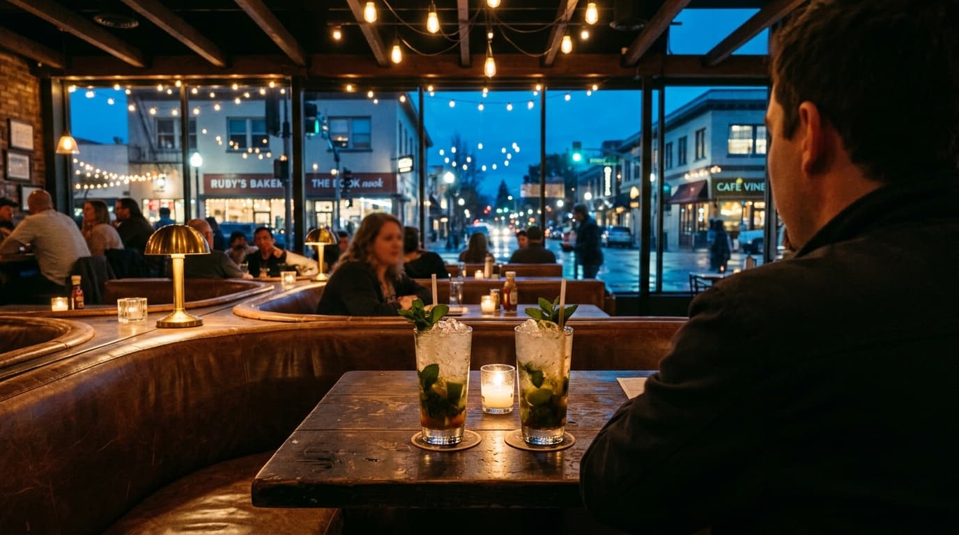 Over-the-shoulder view from a leather booth inside The Oxford. Two Mint Mojito iced coffees sit on the dark wood table, ce...