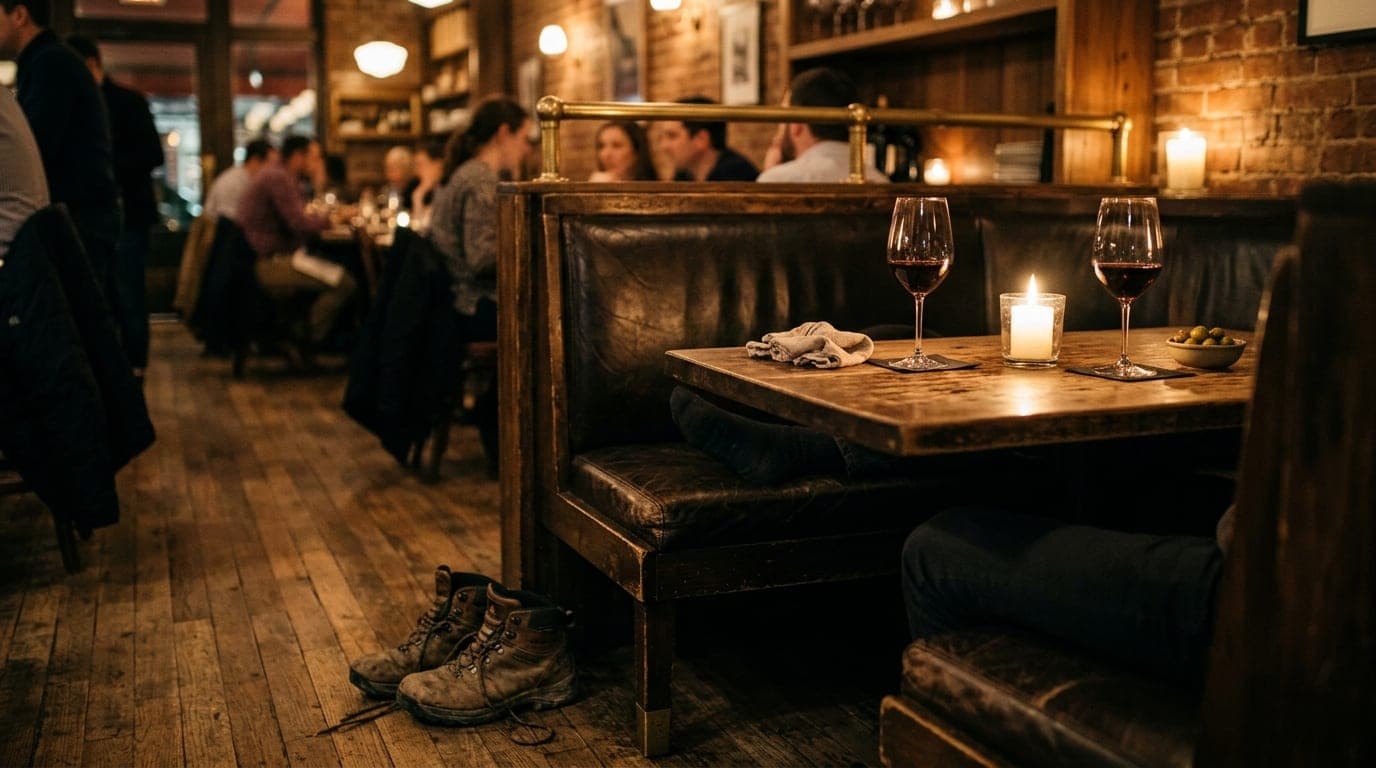 A medium shot captures a dimly lit corner booth at a Village at Prasada bistro. A pair of hiking boots rests near a leathe...