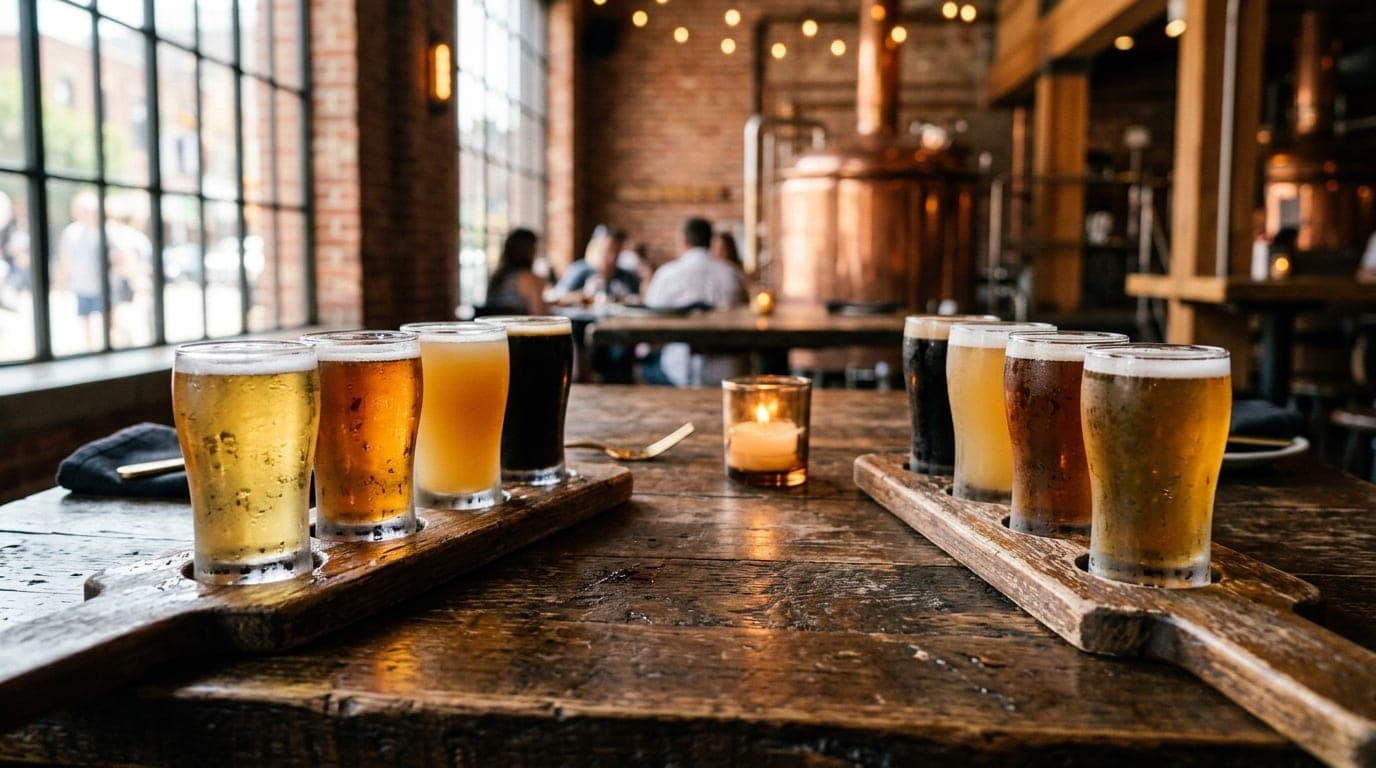 Close-up at a rustic State 48 Brewery wooden table, focusing on two chilled craft beer flights with condensation dripping...