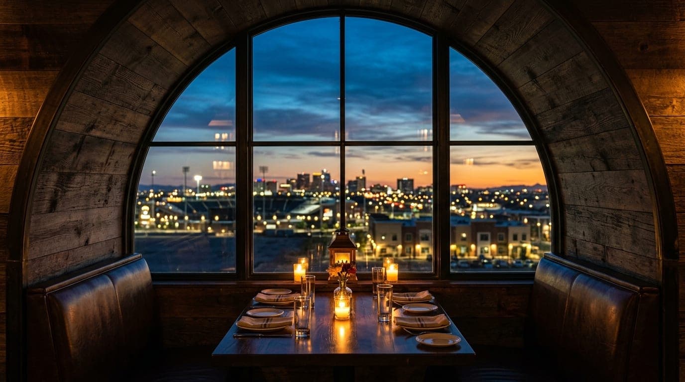 A symmetrical, 24mm wide-angle interior view of a candle-lit dining booth at Bonfire Craft Kitchen, framing the vibrant, g...