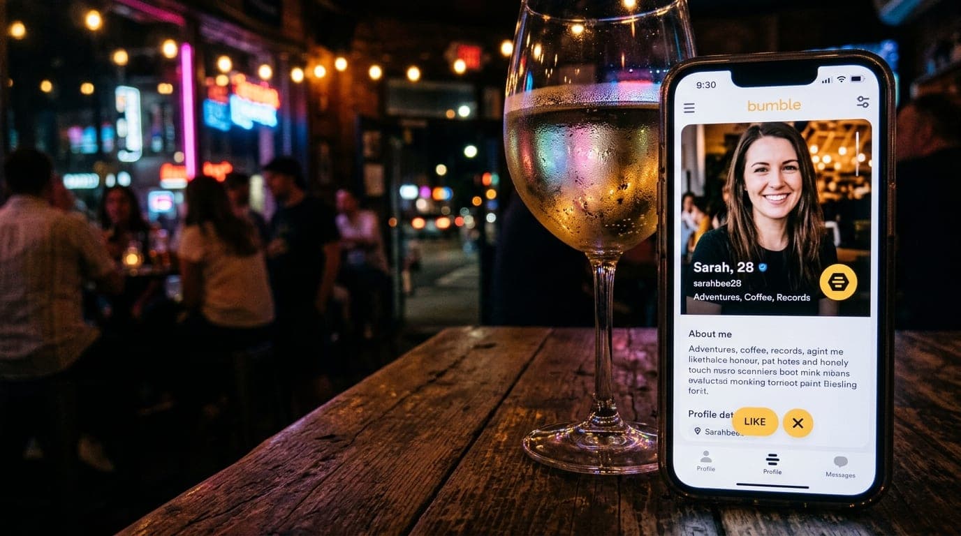 A 100mm macro shot of a glowing smartphone screen displaying a Bumble profile, resting on a rustic wooden pub table beside...