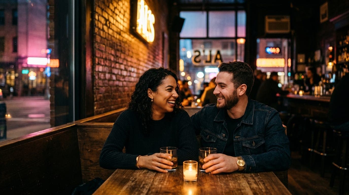 A medium shot of a couple sharing a whiskey neat at a candle-lit booth in Al’s Wine and Whiskey. Tilt-shift focus highligh...