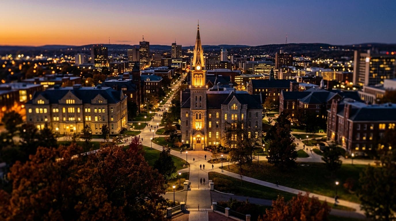A wide, tilt-shift shot of the Syracuse University campus at dusk, with warm tungsten lights glowing from collegiate gothi...