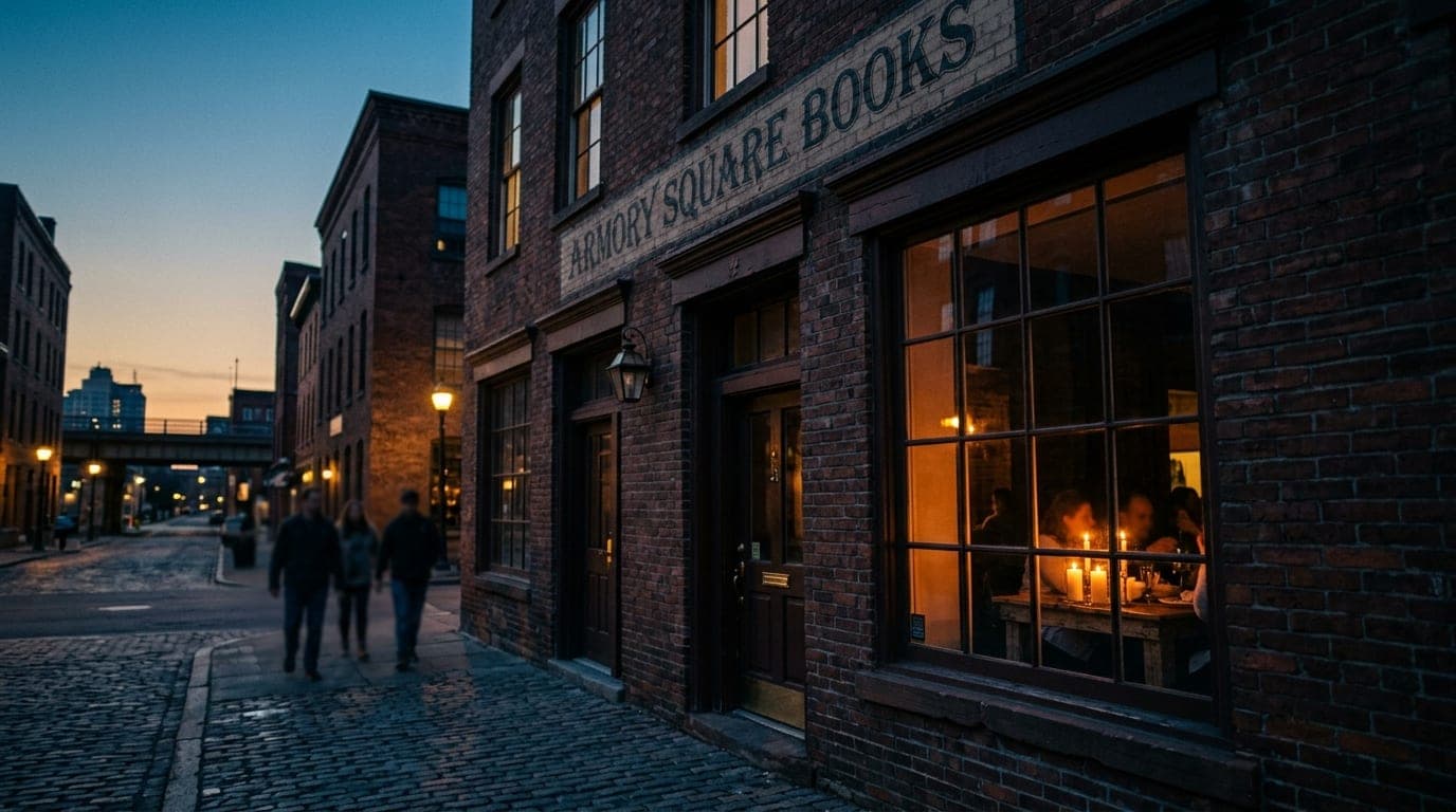 A 35mm medium shot captures the weathered, dark brick exterior of a historic Armory Square storefront at dusk. Warm, amber...