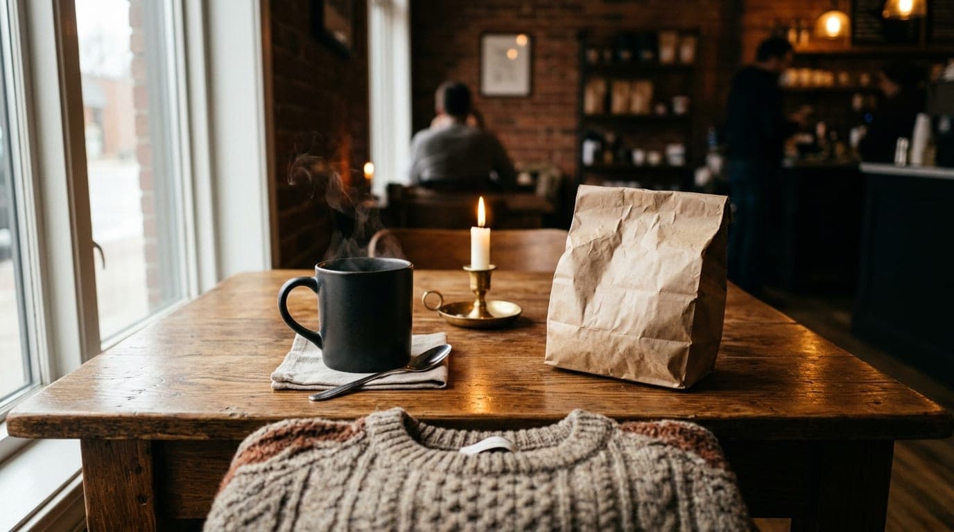 A close-up, symmetric shot of a wooden table at a Westcott cafe. A steaming coffee mug and a crumpled paper bag from the R...