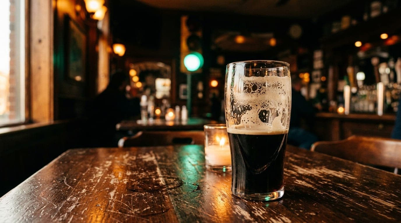 A macro, golden-hour shot captures an ornate, half-poured pint of stout sitting on a scarred wooden table at a Tipp Hill p...