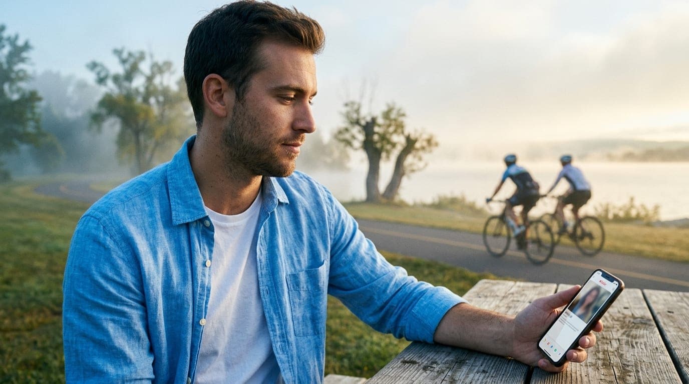 A young professional in a linen shirt sits at a sun-drenched Onondaga Lake Park picnic table, holding a smartphone showing...