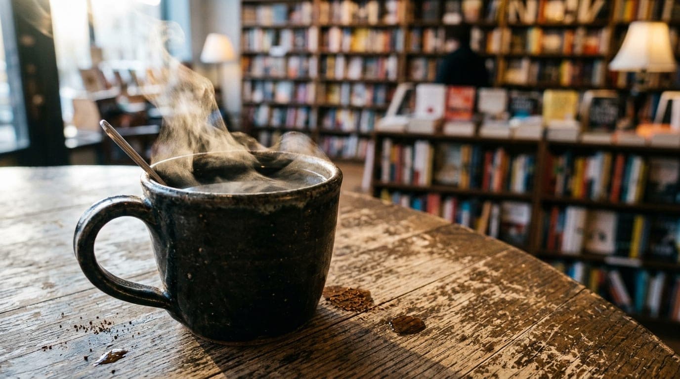 Extreme 100mm macro shot, golden hour light hitting a steaming ceramic mug of black coffee sitting on a distressed wooden...