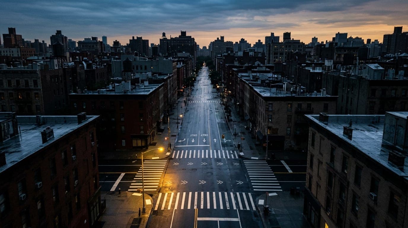 Overhead flat-lay of a deserted 6th Avenue intersection at overcast dawn. A single, glowing yellow streetlamp illuminates...