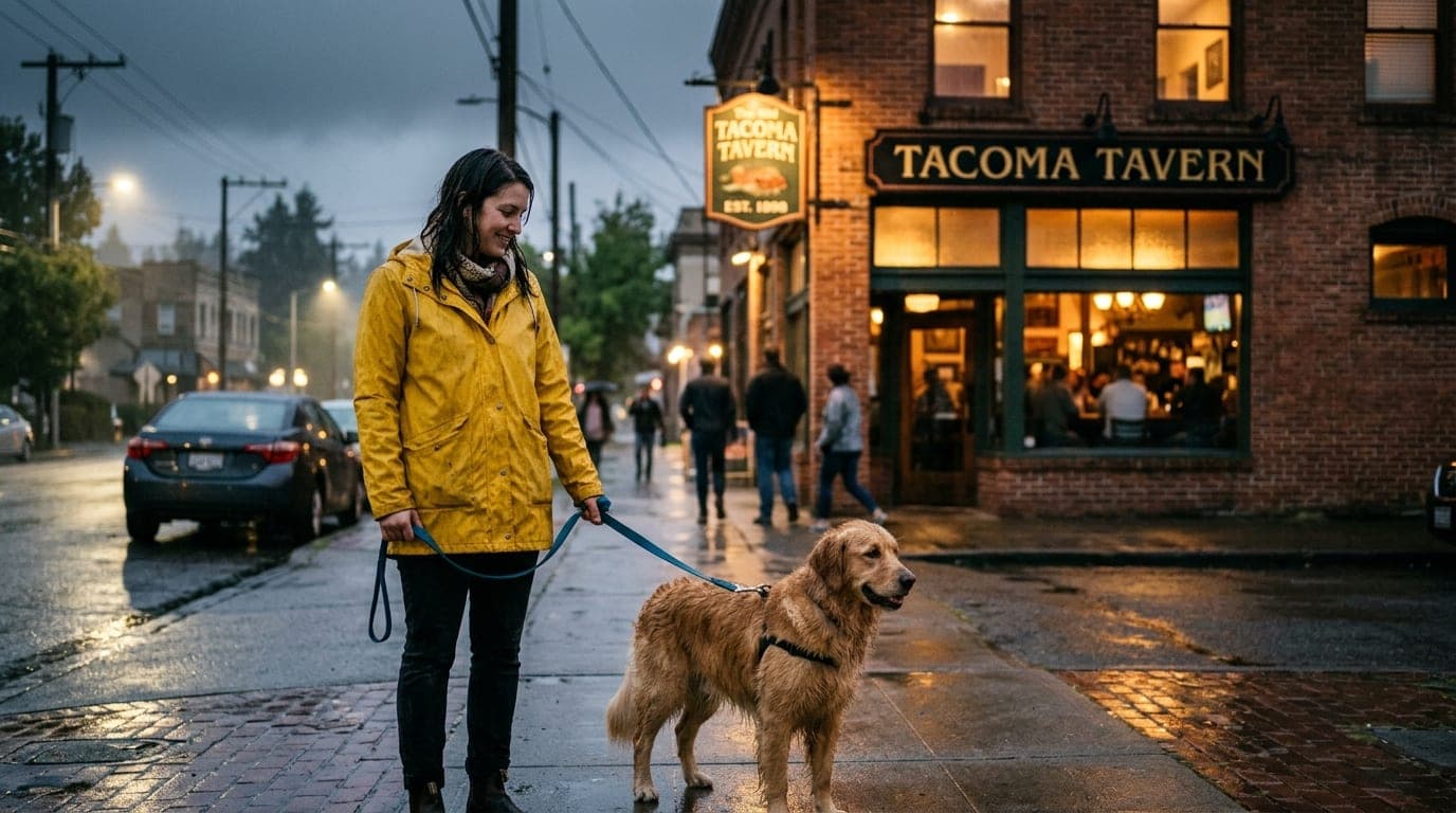 A woman in a yellow rain slicker stands on a misty sidewalk, holding a leash attached to a Golden Retriever. Warm light sp...