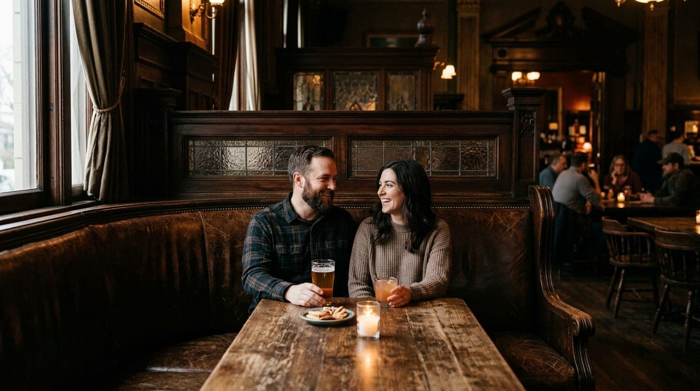 Centered symmetric composition, 24mm lens. A couple sits in a leather booth at McMenamins Elks Temple, illuminated by flic...
