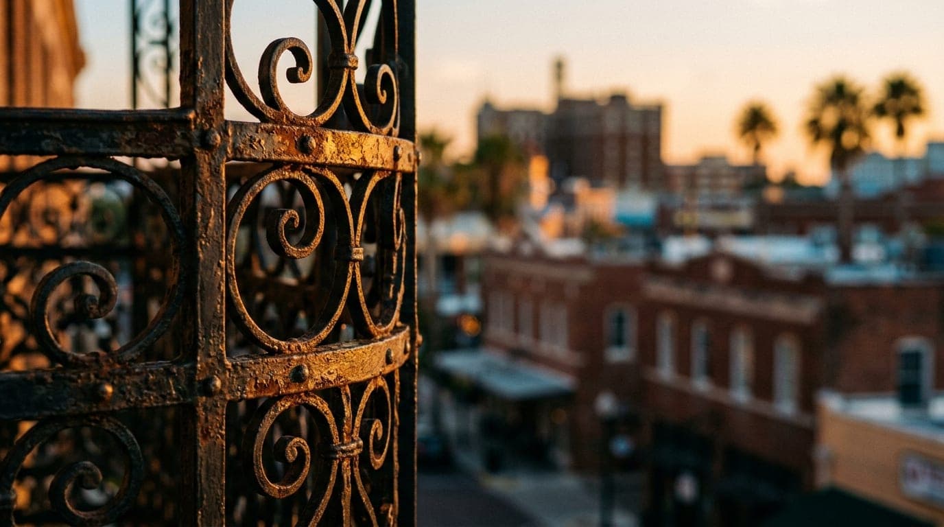 Macro view of the intricate, rusted iron balcony railings at Hotel Haya, glowing in warm golden hour light. The Ybor City...