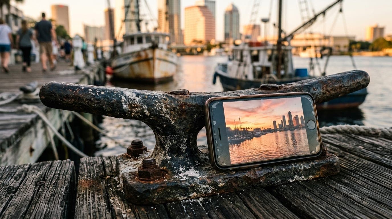 Extreme macro shot of a weathered, salt-crusted boat cleat on a downtown Tampa dock during golden hour. A smartphone scree...