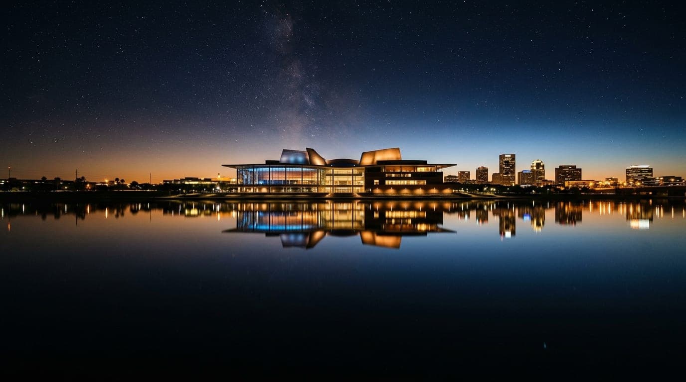 A symmetrical low-angle shot of the Tempe Center for the Arts reflected in the calm waters of Tempe Town Lake at midnight,...