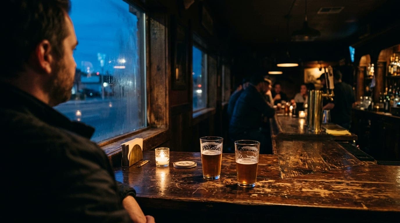 Over-the-shoulder view at a dimly lit North Tempe dive bar. Two half-poured craft beers sit on a scarred wooden counter, b...