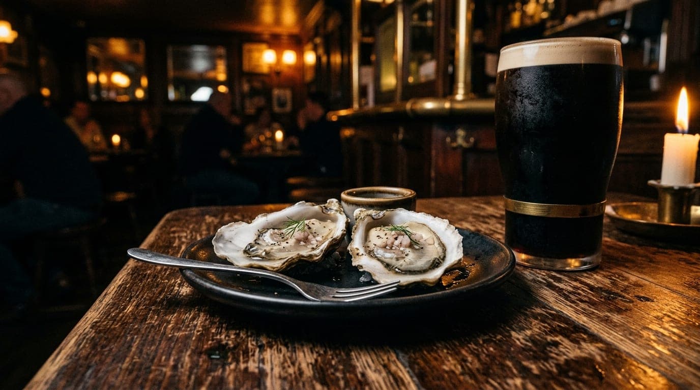 A low-angle macro shot of a weathered wooden table at Casey Moore’s, featuring two chilled oysters on the half-shell and a...