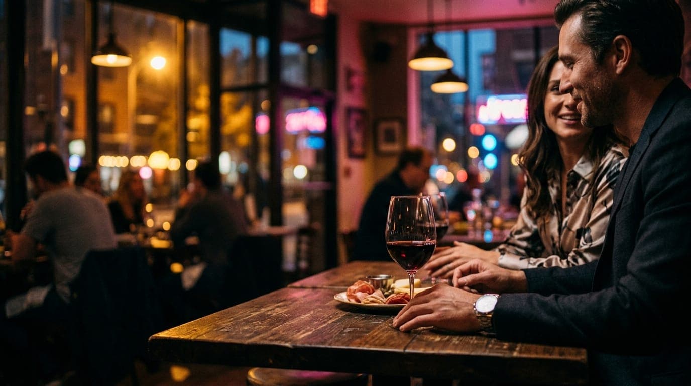 A close-up, centered 24mm shot of a glass of wine and a sophisticated cheese board on a marble cafe table at Postino. Noon...