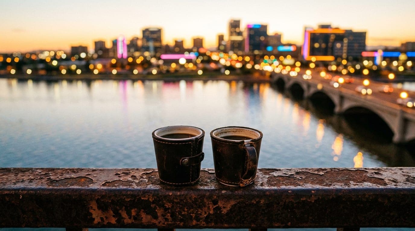 Extreme close-up macro shot of two leather-bound coffee cups resting on a rusted metal railing. Tempe Town Lake sparkles i...
