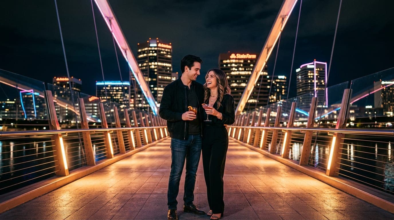 A low-angle, wide-angle shot of a couple standing on a Tempe Town Lake pedestrian bridge at midnight, city skyscrapers glo...
