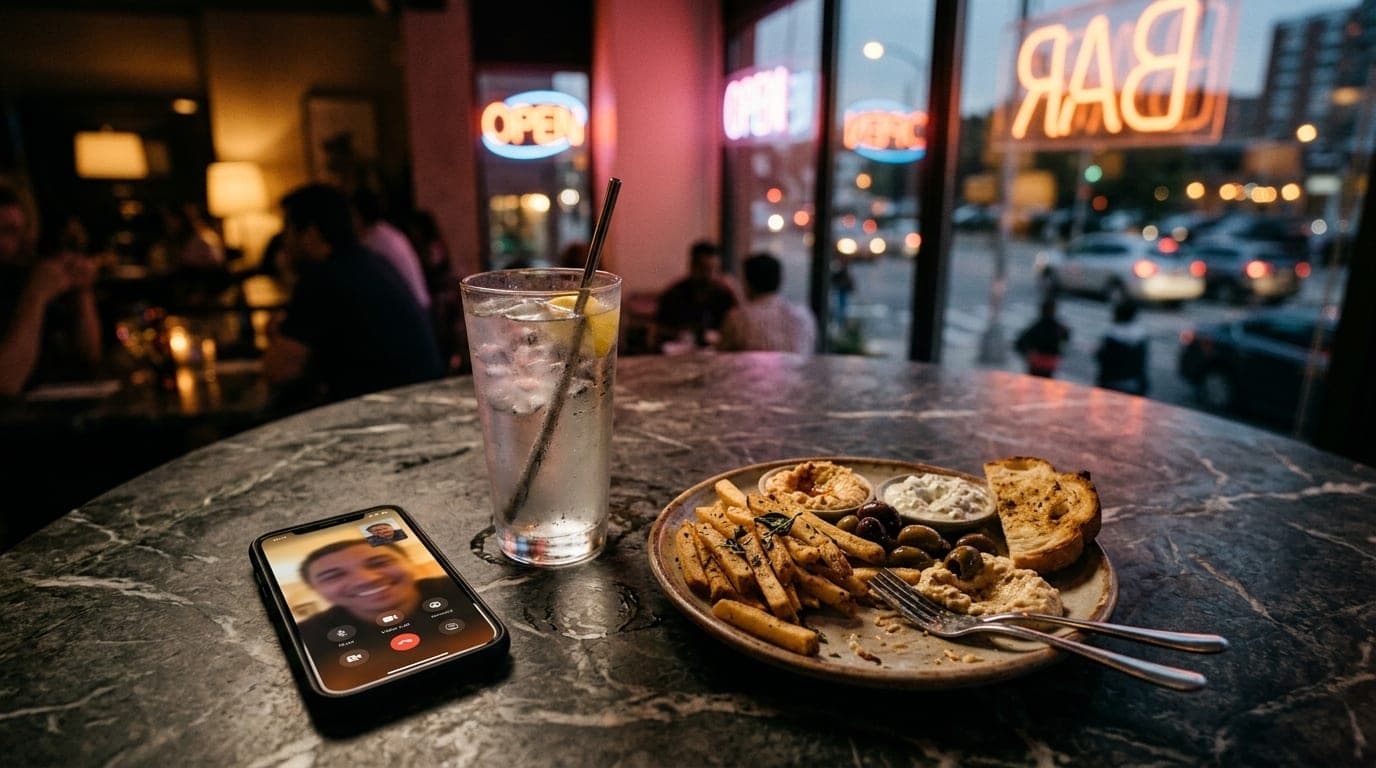 Overhead flat-lay on a cool marble tabletop featuring a smartphone displaying a video call, a misted glass of ice water, a...