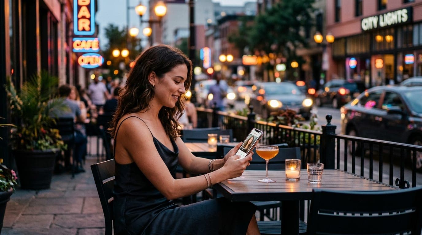 An 85mm portrait captures a woman in a silk slip dress at a dimly lit outdoor patio table. She holds a smartphone displayi...