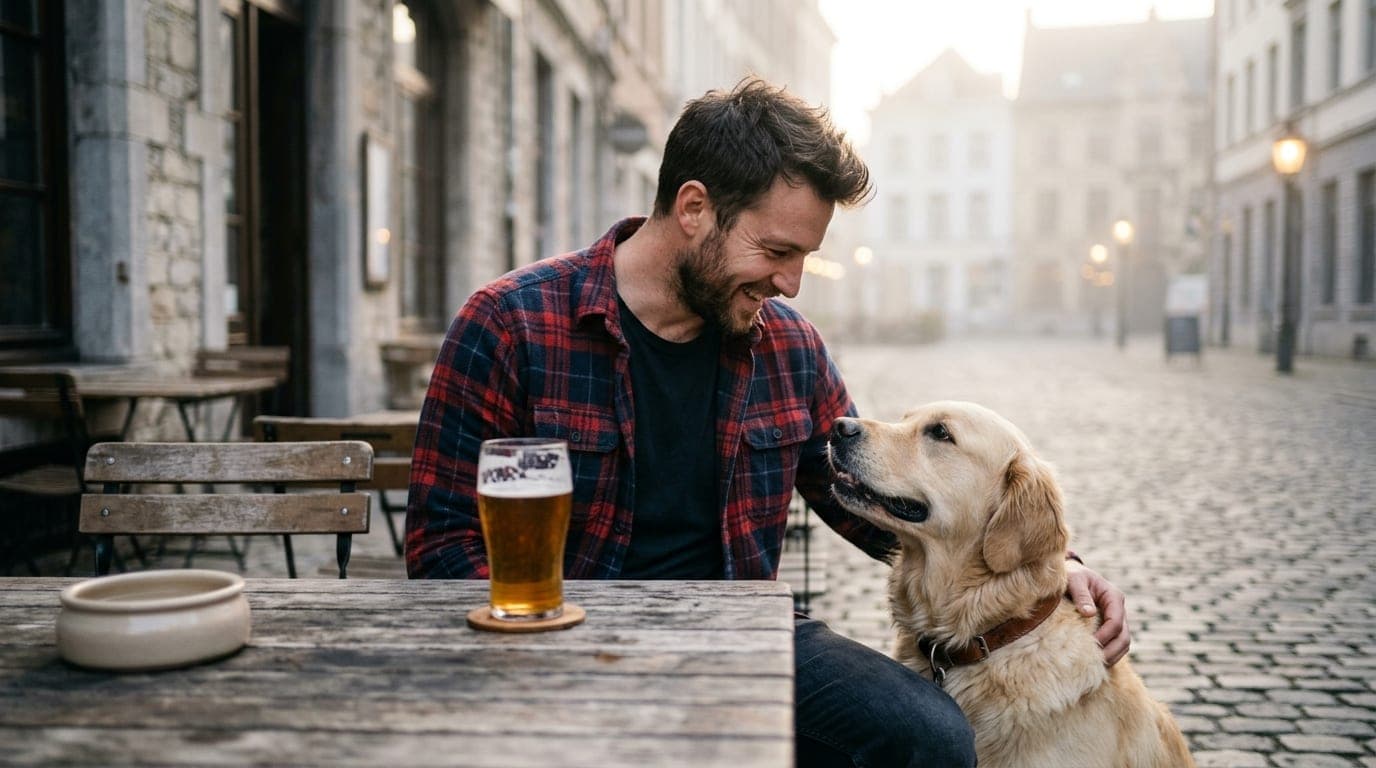 A man in a rugged flannel shirt sits at an outdoor table at a local brewery, tilting his head to smile at a golden retriev...