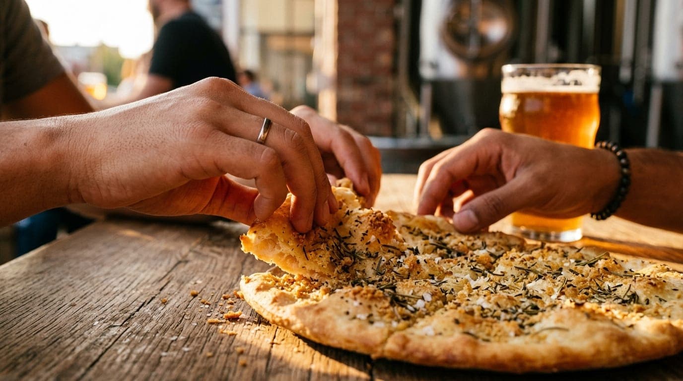 An extreme macro shot captures two hands sharing a rustic, herb-crusted flatbread on a wooden table at Satire Brewing. Gol...