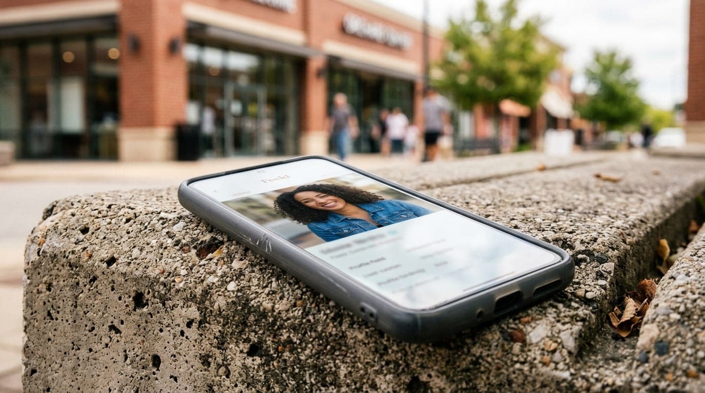 A 100mm macro shot captures a smartphone resting on a weathered concrete bench at The Orchard Town Center. The screen show...