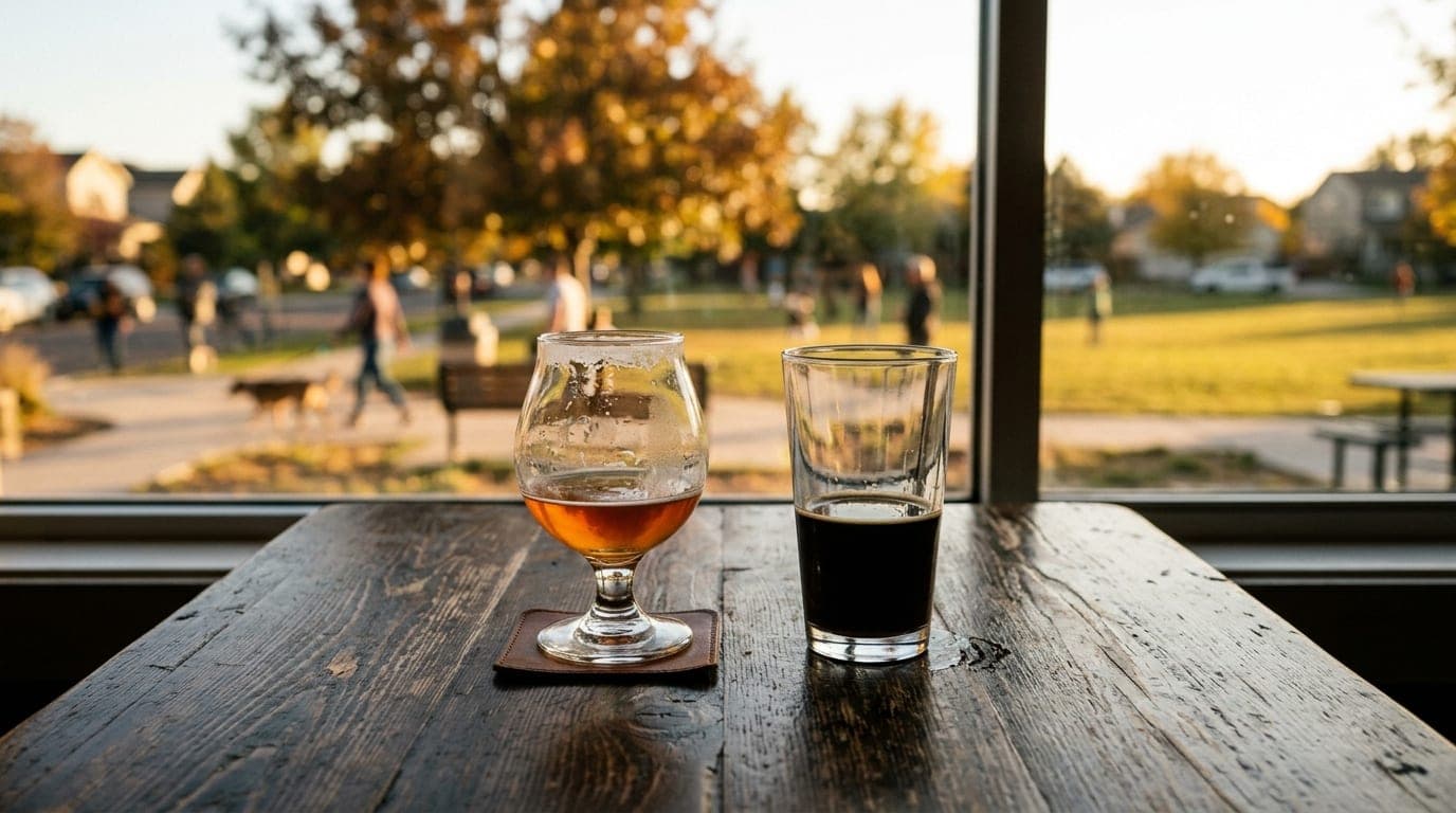 Tilt-shift selective focus captures two half-empty craft beer glasses on a dark wooden table at Satire Brewing, with a blu...