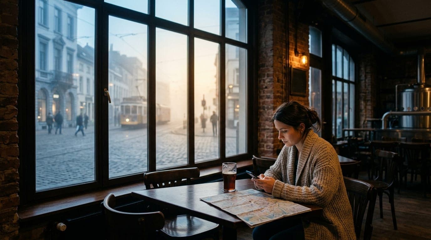 A woman in a thick wool cardigan sits at a corner table in a dimly lit brewery, focused on her phone, with a half-empty cr...