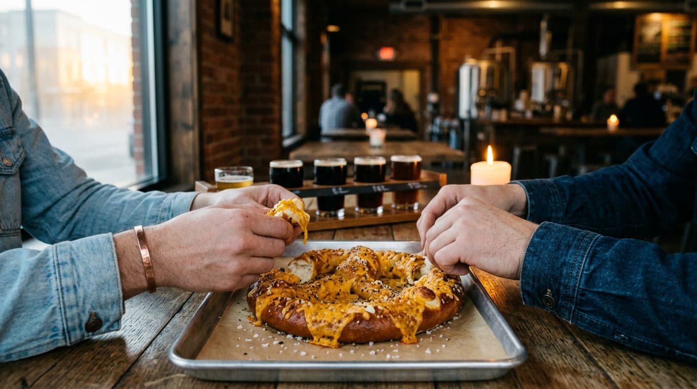Medium shot, 100mm macro, candle-lit interior. A pair of hands in denim sleeves share a loaded, cheese-topped pretzel on a...