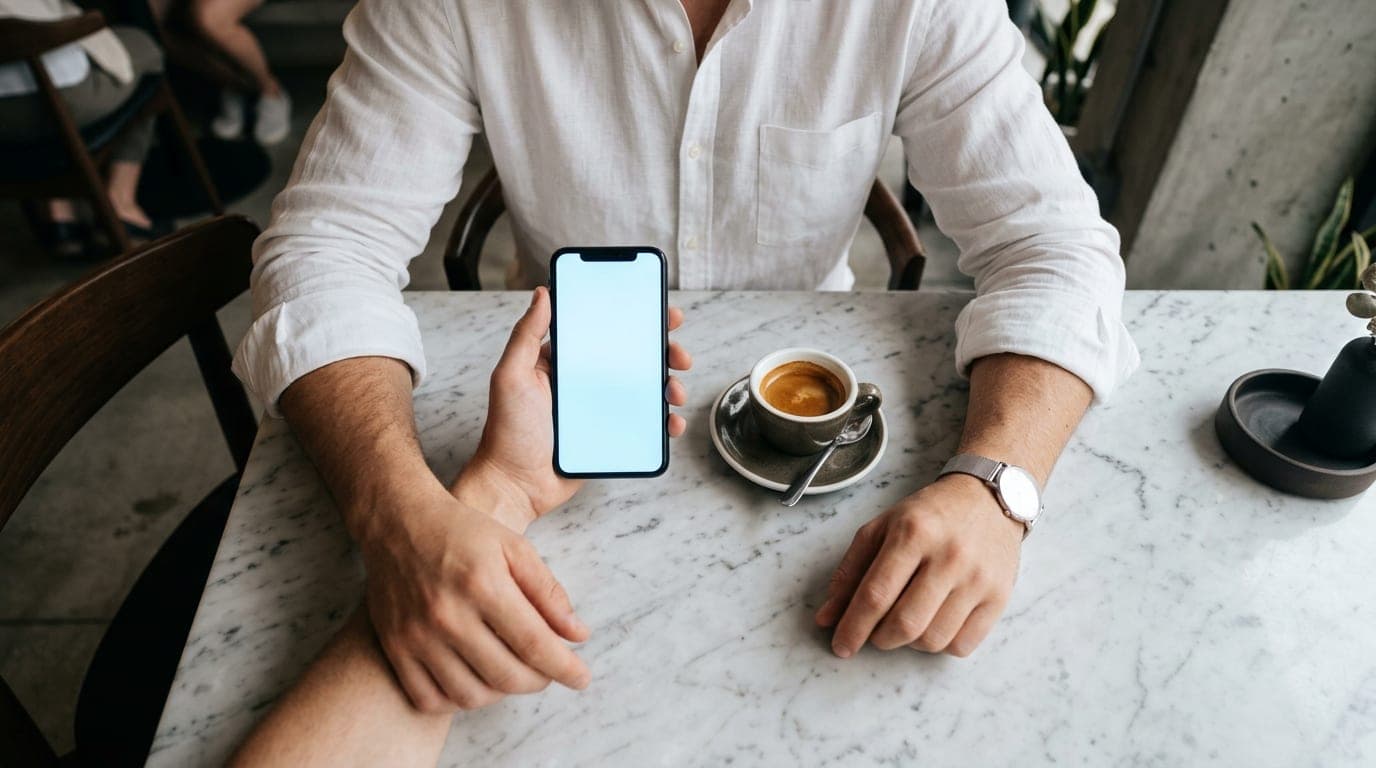 An overhead flat-lay of a man in a crisp white linen shirt sitting at a marble cafe table, holding a smartphone showing a...