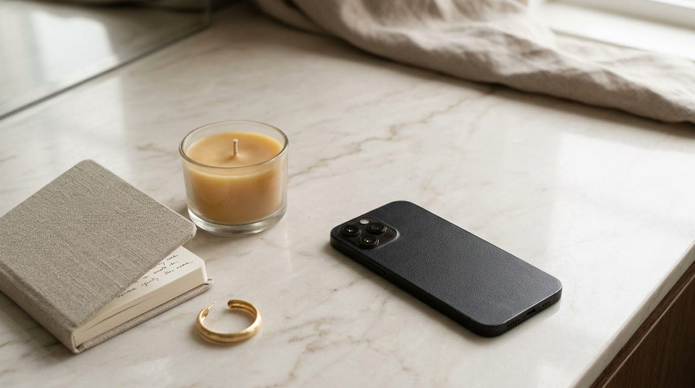 A medium shot of a sleek smartphone face-down on a marble vanity, beside an unlit beeswax candle, a small notebook with a...