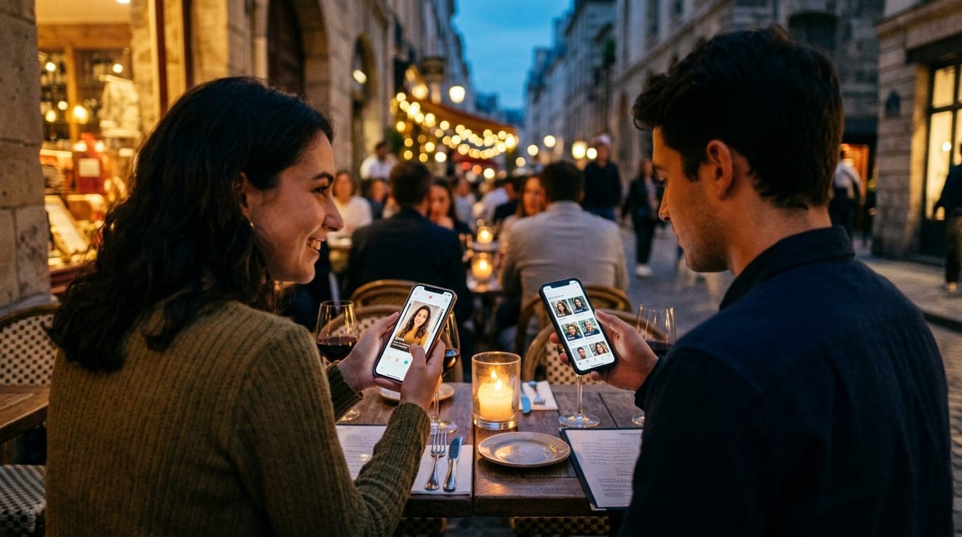 Over-the-shoulder view of a couple at a bistro table at blue hour. The woman holds a phone showing a swipe-stack; the man...
