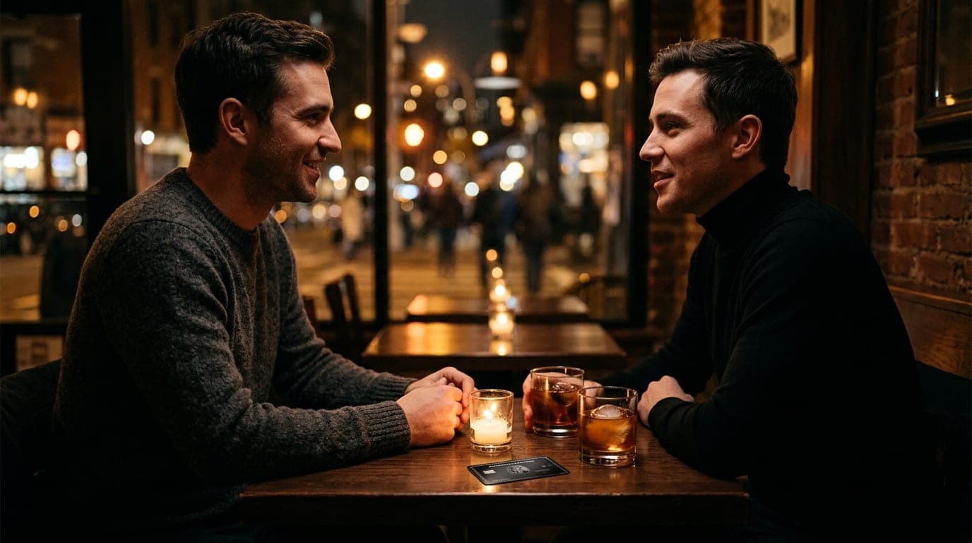 A man in a charcoal sweater and a man in a black turtleneck sit at a small bistro table. A credit card sits between their...