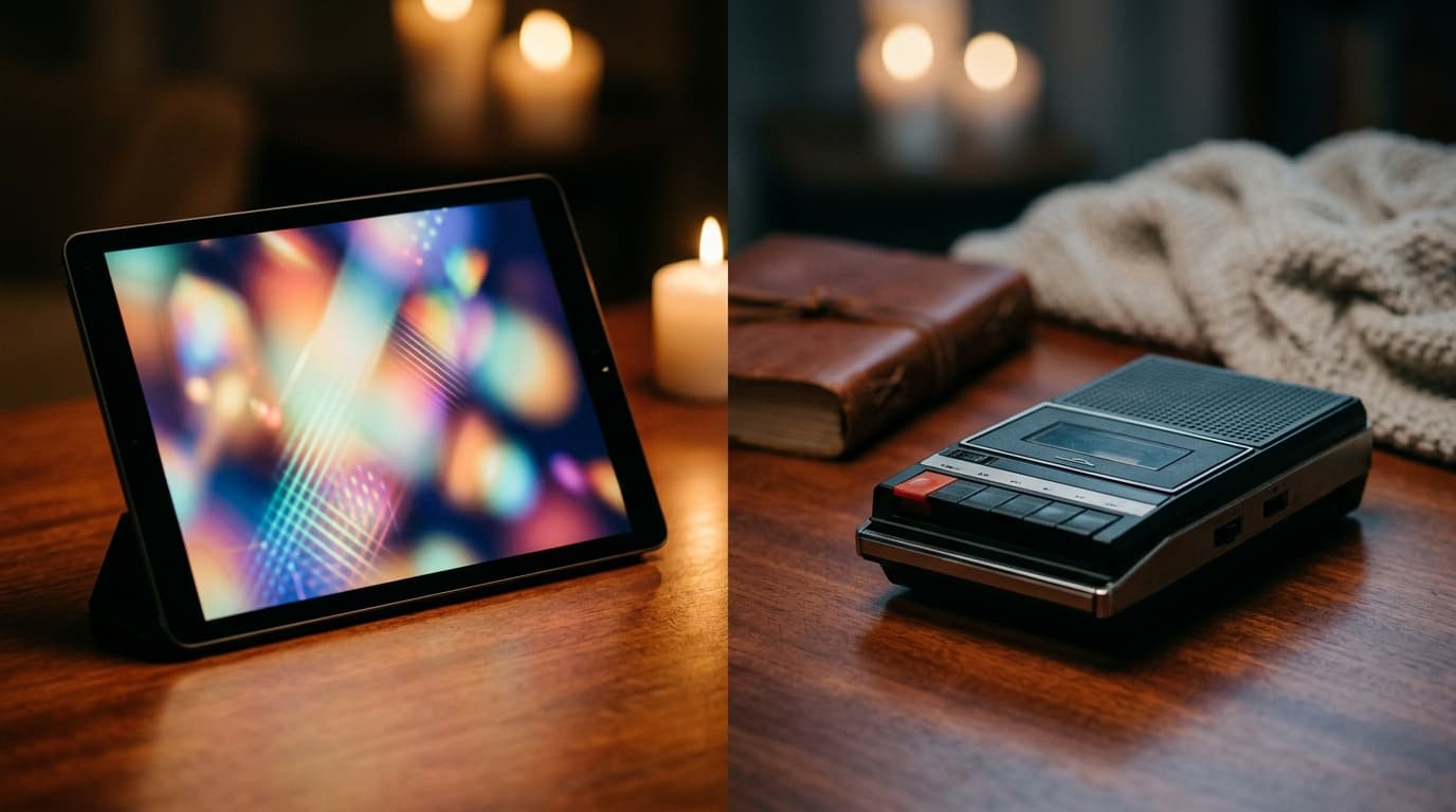 An 85mm medium shot captures a flickering tablet displaying a colorful Tinder "Vibe Check" video beside a vintage-style ha...