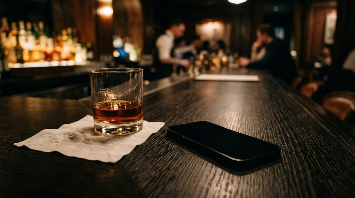 A sleek, unlocked smartphone displaying a Tinder profile sits atop a dark wooden bar, resting beside a crumpled napkin and...