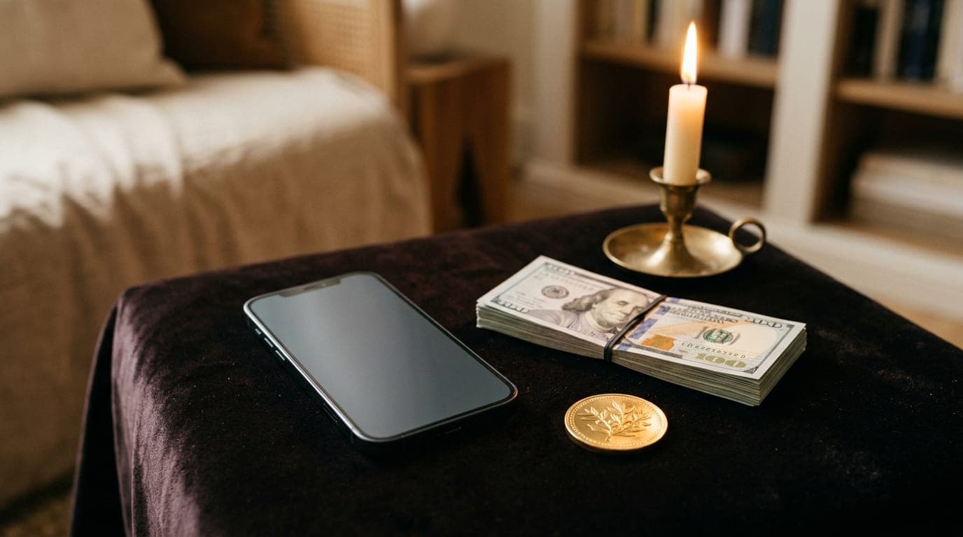 A sleek smartphone displaying a subscription payment screen sits on a dark velvet surface beside a stack of crisp banknote...