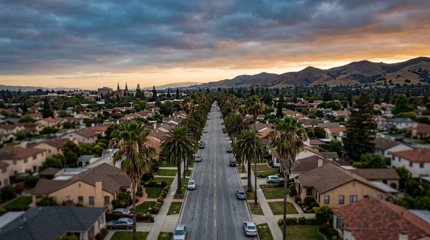 Tilt-shift, overhead flat-lay of a quiet Menlo Park residential street at overcast dawn, featuring leading lines of palm t...