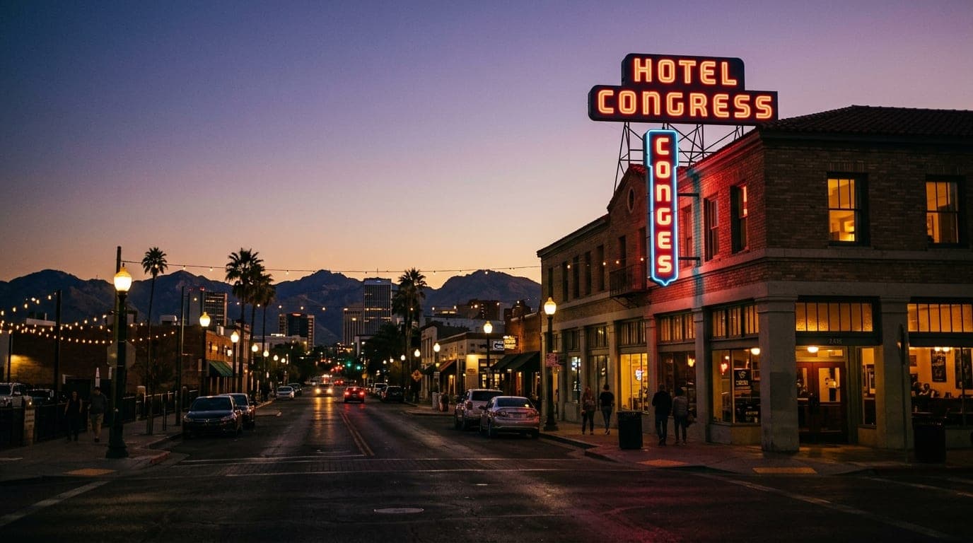 A 35mm wide shot of the Hotel Congress neon sign glowing against the deep purple twilight sky, positioned on the right thi...