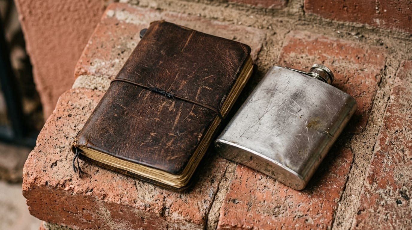A 100mm macro shot captures a well-worn leather-bound book beside a heavy silver flask on a gritty, sun-baked brick stoop...