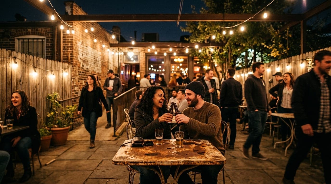 A wide establishing shot of Che’s Lounge’s back patio at night, tilt-shift focus on a couple sharing a beer at a rusted ir...