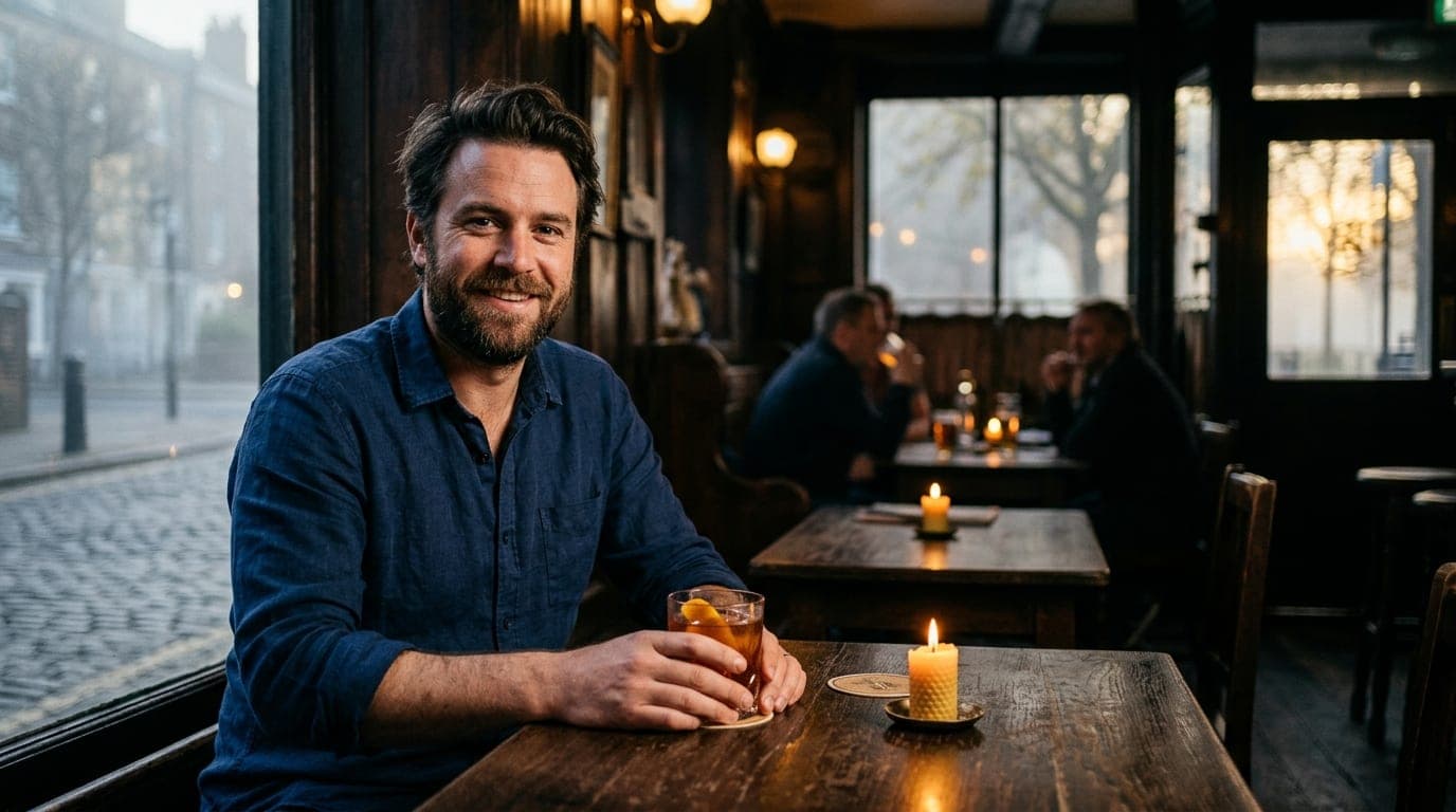A man in a linen shirt sits at a dark wood Owls Club table, holding a craft cocktail, looking toward the camera with a cas...