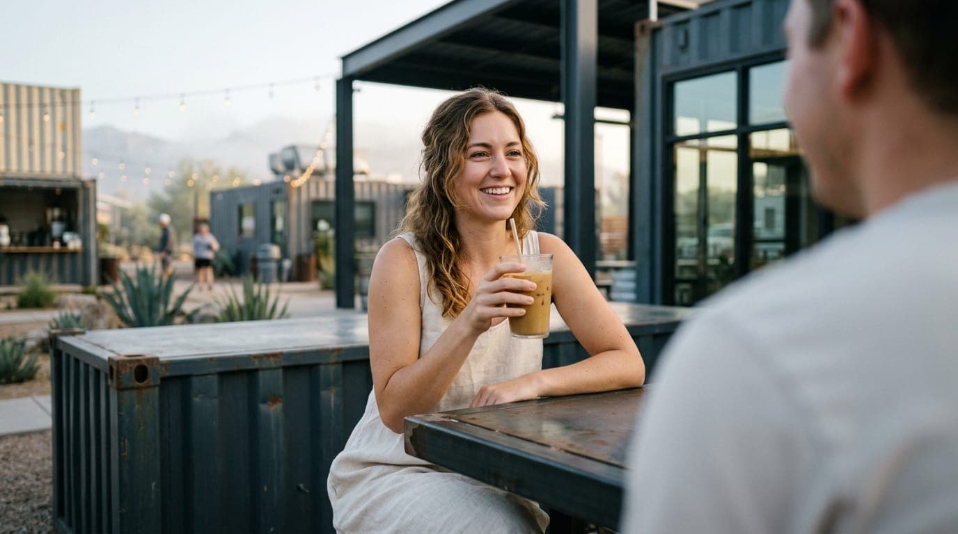 A woman in a cream linen sundress sits at an outdoor industrial shipping container table at the MSA Annex. She holds an ic...