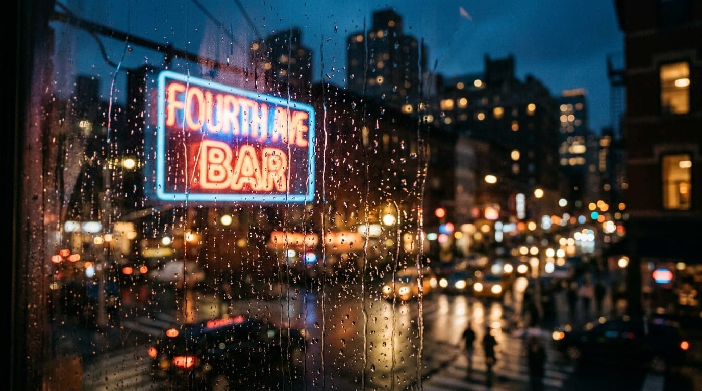 A tilt-shift, close-up view of a Fourth Avenue neon bar sign reflecting onto a rain-slicked window, with the hazy, warm-hu...