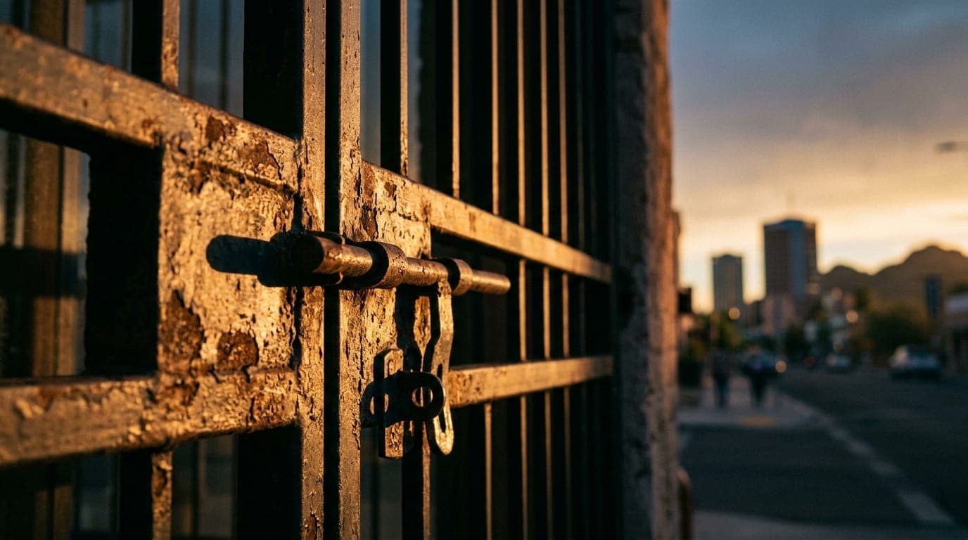 A 35mm documentary shot captures the sun-drenched, rusted iron gate of a historic downtown Tucson storefront during golden...