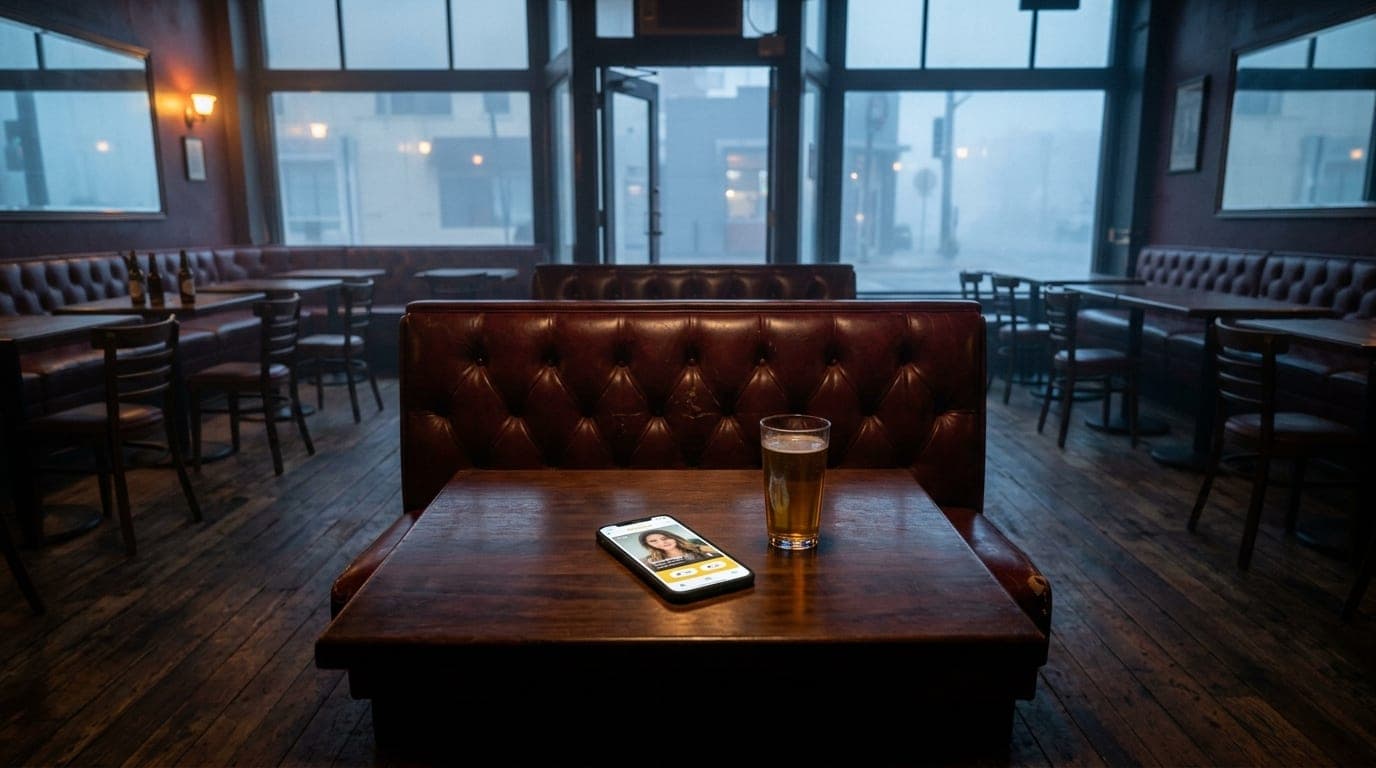 A wide-angle, centered shot of a dimly lit, vintage Mercury Lounge booth at night. A smartphone glows on the dark wood tab...